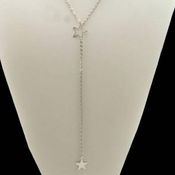 Silver Star Lariat Necklace 18k white gold plated metal T&J Designs minimalist - Picture 1 of 14